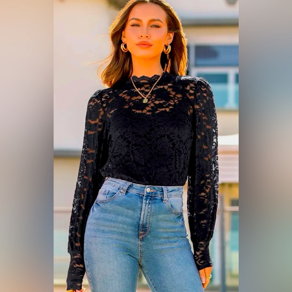 DOROSE Blouses for
Women Fashion Fall Tops Puff Sleeve Lace Crochet
Shirt